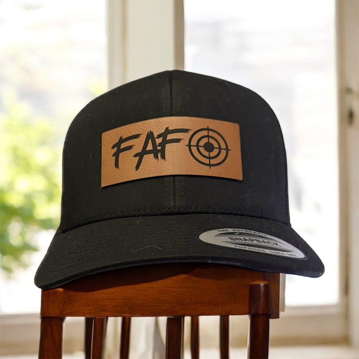 FAFO Leather Patch Hat | Yupoong All Black Classic Snapback Hat