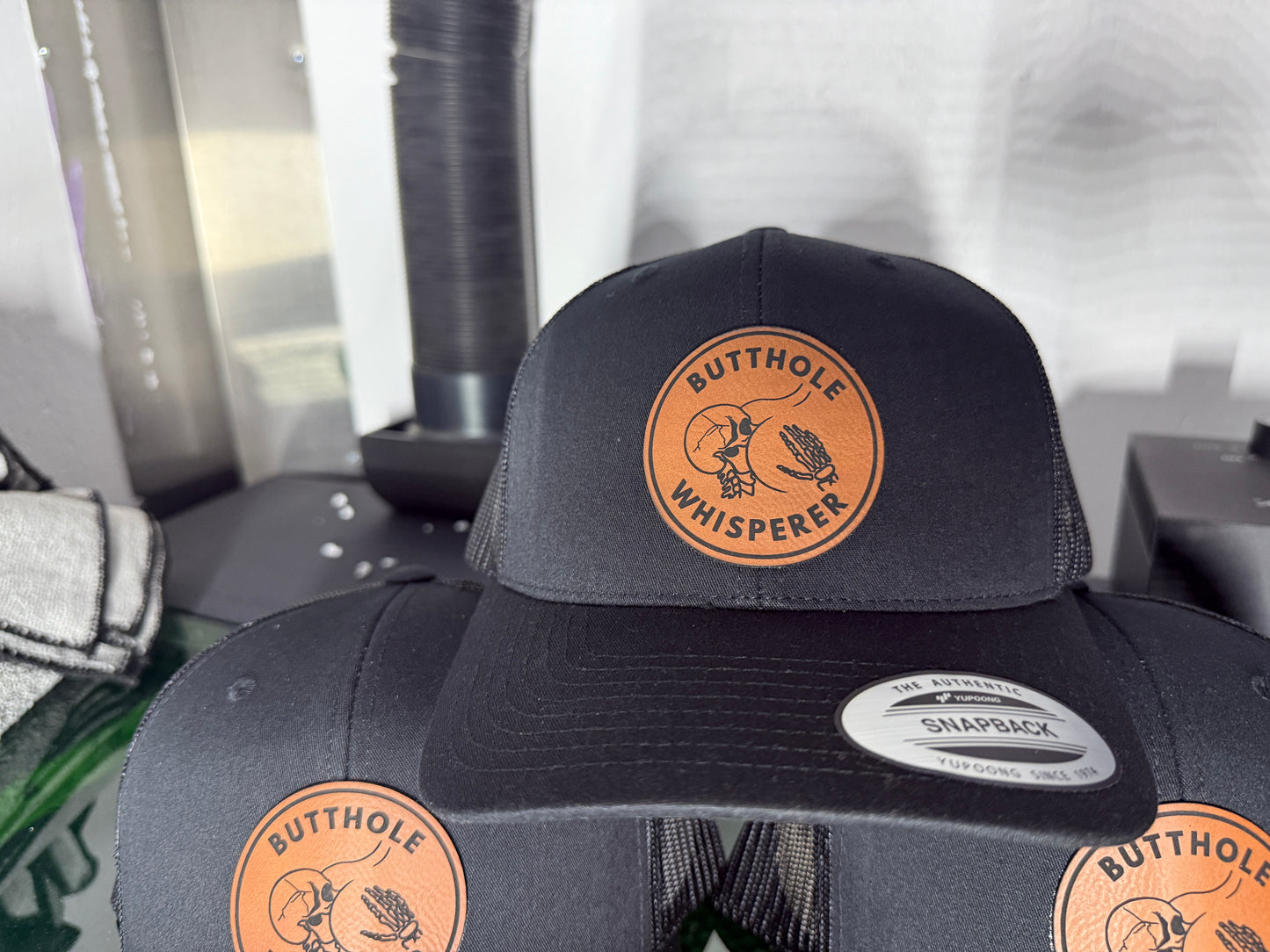 Booty Hole Whisperer Patched Hat | Black on Black Yupoong Classic Snapback | Funny Hat with Free Keychain!