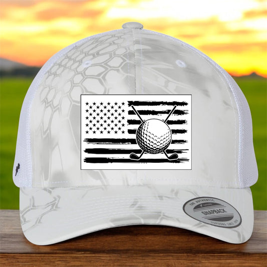 Kryptek Wraith White Yupoong Hat | Golf Ball Patch | Golf Clubs Patch | USA Flag Patch