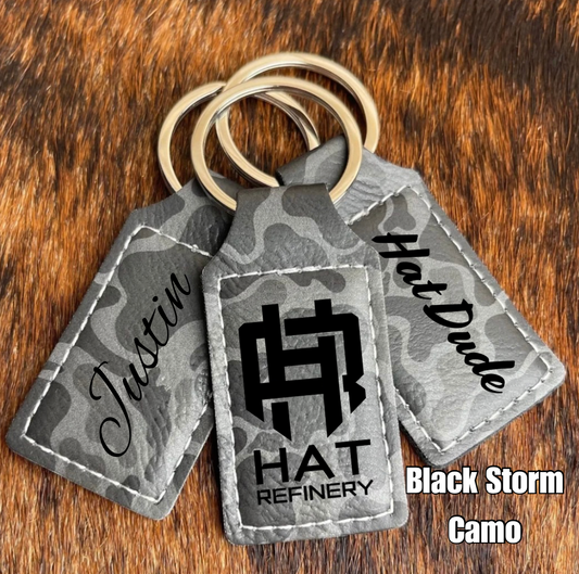 Customizable Leatherette Keychains | Laser Engraving included | Black Storm Camo to Silver