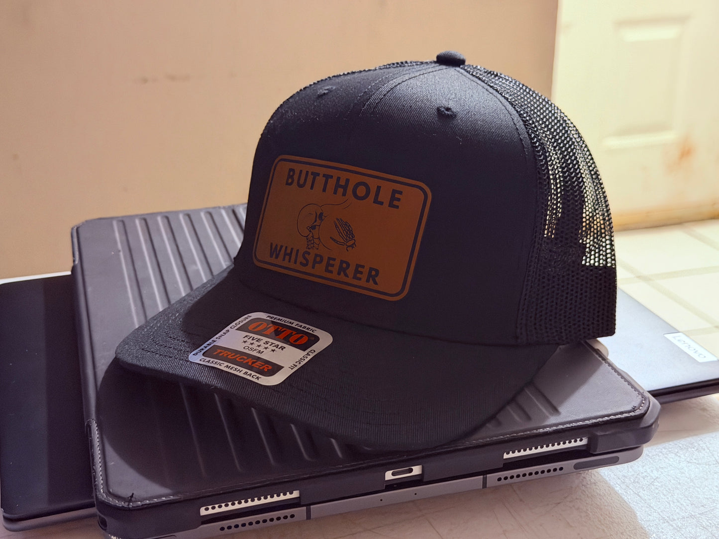 Butthole Whisperer Patched Hat | Black on Black Otto Snapback | Funny Hat | Free Matching Keychain