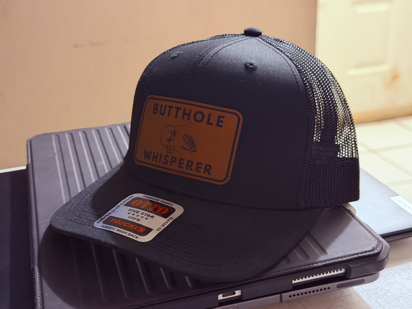Butthole Whisperer Patched Hat | Black on Black Otto Snapback | Funny Hat | Free Matching Keychain